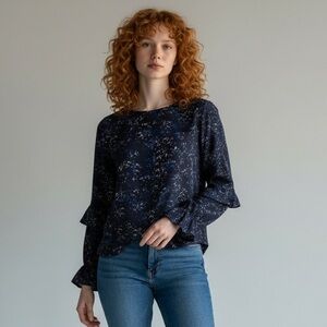 Sanctuary Blue Black Star Print Blouse Bell Sleeves Flowy Top Celestial Galaxy